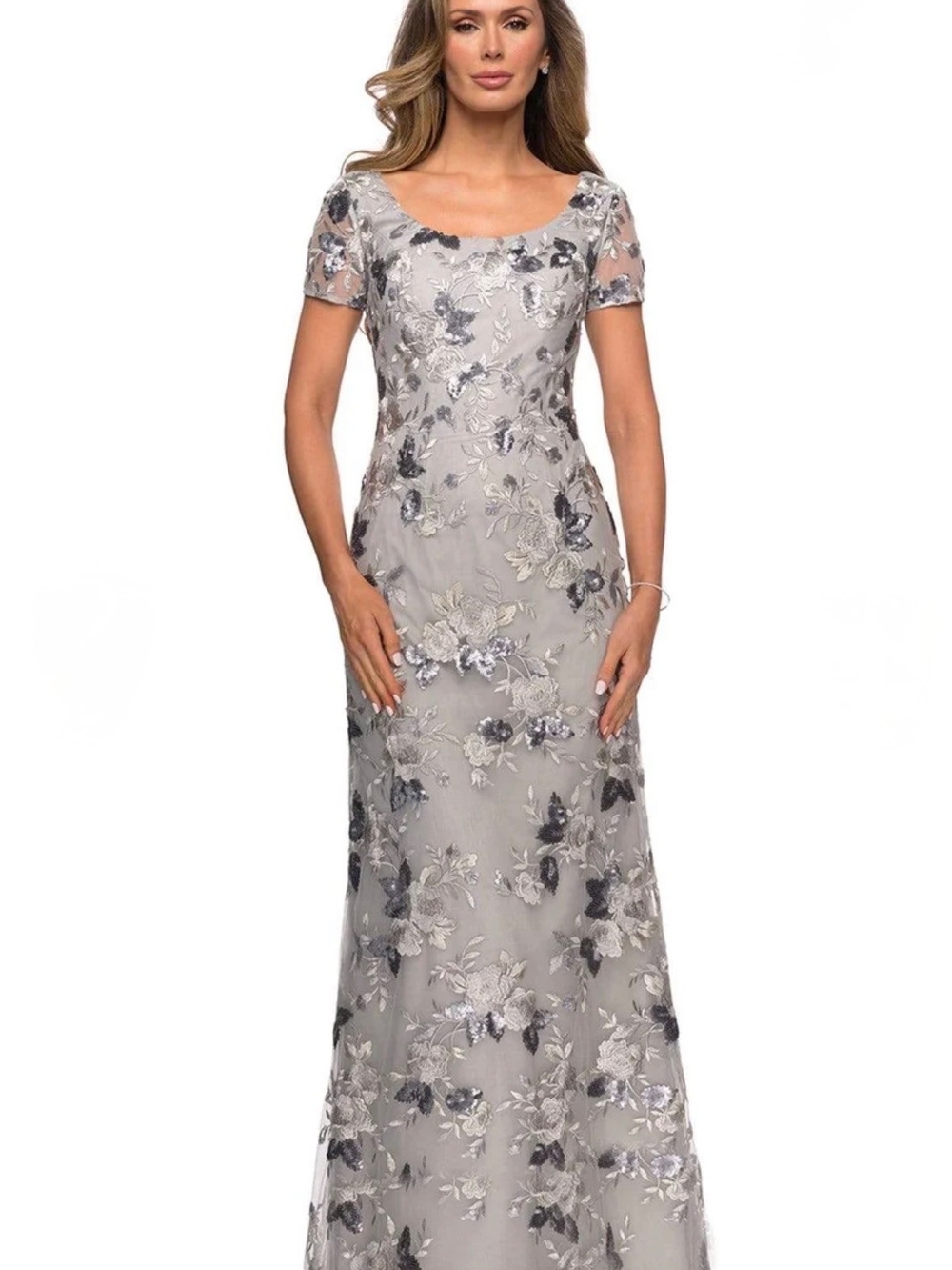 La Femme silver sequined floral lace sheath formal dress - Size 10